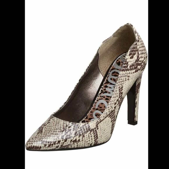 NIB New SAM EDELMAN Sadi Gray Tan Snake Python Print Pumps Heels 7.5 7 1/2 - Picture 1 of 14